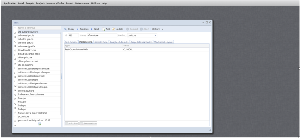 Parameters tab with Test Orderable on Web with value of Clinical Parmeter shown