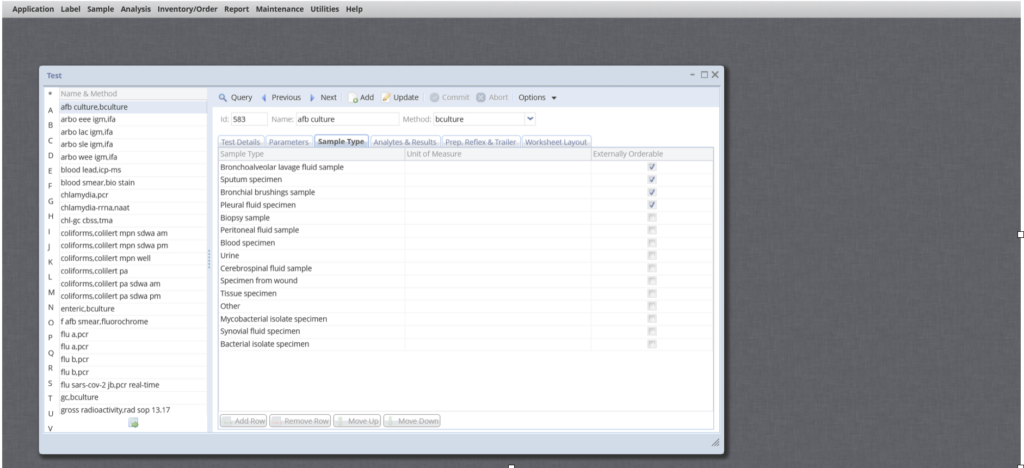 Sample Type tab with Externally Orderable checkboxes shown