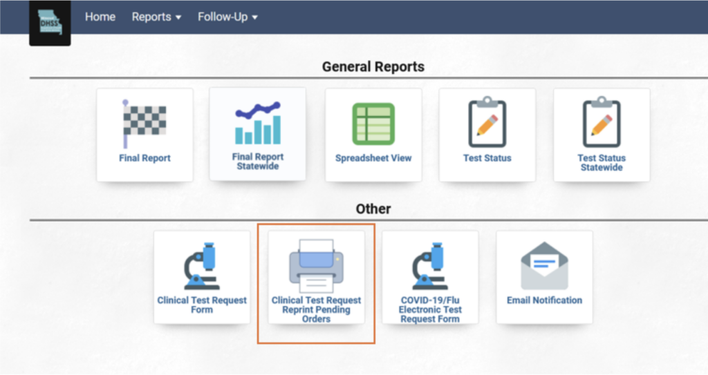 Web portal screen Clinical Test Request Reprint Pending Orders Button