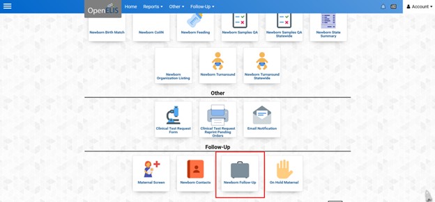 OpenELIS Web Portal Home Screen OpenELIS Web Portal Home Screen with the Newborn Follow-up Module Outlined in Red