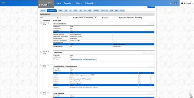 NBS Case history screen OpenELIS Newborn Follow-Up Module: Easy Access to All of the Patient’s Case History