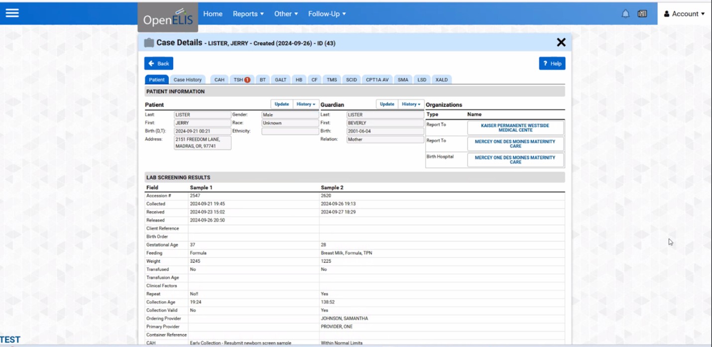 NBS Patient tab OpenELIS Newborn Follow-Up Module: Patient Tab Displaying All Samples Received